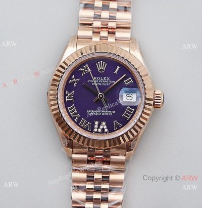 (TWS) Swiss Replica Rolex Datejust jubilee 28 watch NH05 Rose Gold Purple face